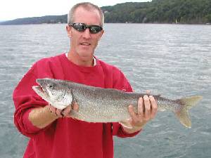 Joe Bergen with a nice lake trout he caught from Seneca Lake in August 2003. This fantastic lake trout fell victim to a silver streak spoon set at a depth of 70 feet deep with a trolling speed around 2 mph in 250 feet of water