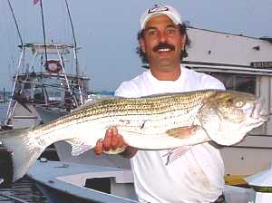 Captain Joe Russo with his 32 pound striped bass caught on bunker in Jamaica Bay  05-21-2003